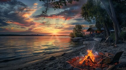 Warm and cozy campfire on the beach in the summer brings back joyful times. Happy memories made at the lake.