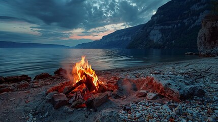Warm and cozy campfire on the beach in the summer brings back joyful times. Happy memories made at the lake. - obrazy, fototapety, plakaty