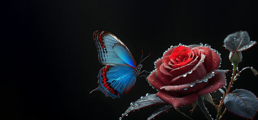 red rose in dew drops and and tropical morpho butterfly on black.