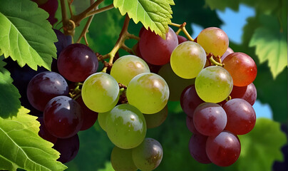 Grapes, a bunch of grapes peeking out from behind the leaves.