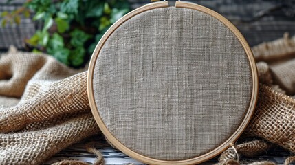 On a white wooden background, a hoop for embroidery and canvas is presented. This mockup is intended for hobby use. - obrazy, fototapety, plakaty