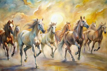 Oil Painting Wallpaper Running Horses at sunset time  - obrazy, fototapety, plakaty