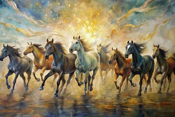 Oil Painting Wallpaper Running Horses at sunset time 