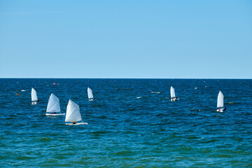 Blue sea sailing regatta, nautical spectacle sport sailing competition among yacht club...