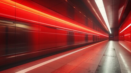 Red streaks of light in a high-speed metro tunnel