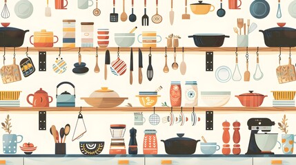 Kitchen shelves with tableware. Kitchen shelves with cooking tools and hanging pots. home interior. seamless pattern Vector illustration in flat style.
