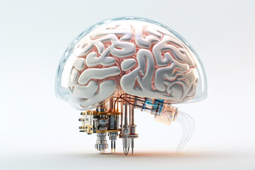 white robot brain with wires and mechanical parts on white and gray