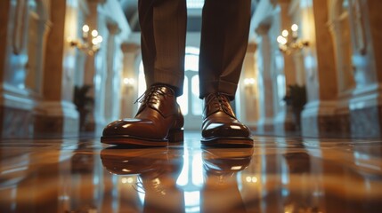 Elegant shoes stepping in a grand hallway