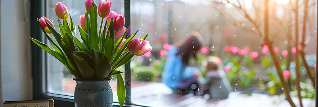 Image of a mother and child playing in the garden with pink tulips blooming in the window.