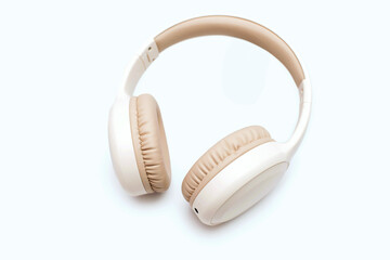Overhead wireless Bluetooth headphones isolated on white background. Close-up of white wireless...