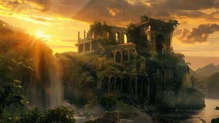 Castle perched on cliff above river during sunset - obrazy, fototapety, plakaty