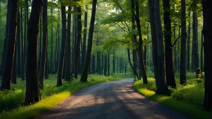 Abwaschbare Fototapete : Exploring Forest Roads Amidst Colorful Leaves and Trees." © Ali Khan