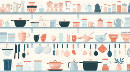 Kitchen shelves with tableware. Kitchen shelves with cooking tools and hanging pots. home interior. seamless pattern Vector illustration in flat style. - Powered by Adobe
