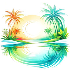 Fototapeta na wymiar A beautiful tropical scene with a body of water, such as a lake or a sea, surrounded by lush green palm trees.