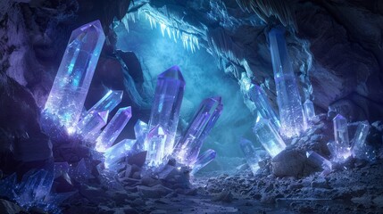 Glowing crystals in mystical cave - obrazy, fototapety, plakaty
