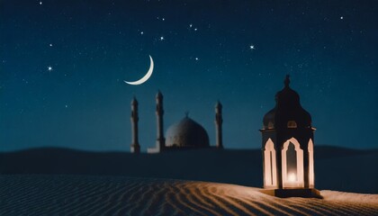 lanterns in the desert under starry night sky with mosque and crescent moon ramadan kareem illustration blue background