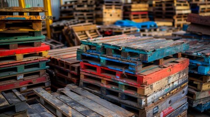 A pile of differently painted wooden pallets stacked on top of each other, AI - obrazy, fototapety, plakaty