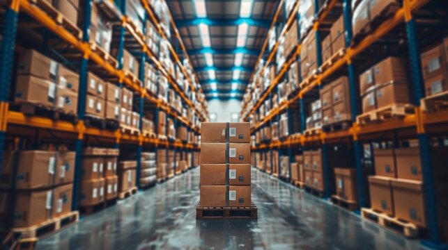 A warehouse with a stack of boxes on top of each other, AI