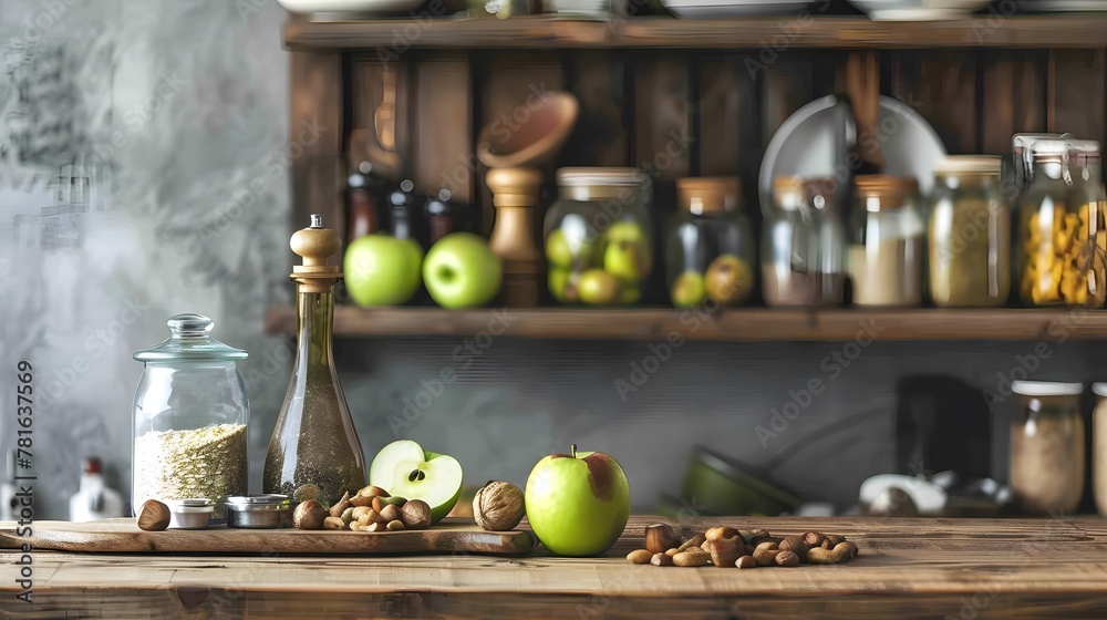 Wall mural Kitchen tools and kitchenware utensil object with ingredients and mix nut with green apple on kitchen shelf wood white for healthy eat and health care life. - Wall murals