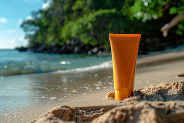 sun protective cosmetic, cream tub, on blue sea and sand background, product design, beauty, side view, mockup