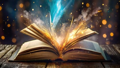 a fantasy book open bursting with magic and knowledge generative ai