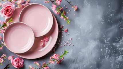Empty pink ceramic plates with decorations
