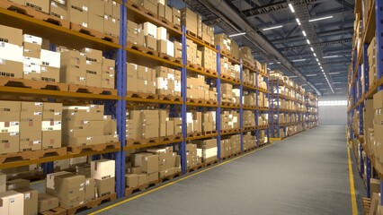 Industrial depot housing multiple containers labeled with invoice bills, containing tracking...