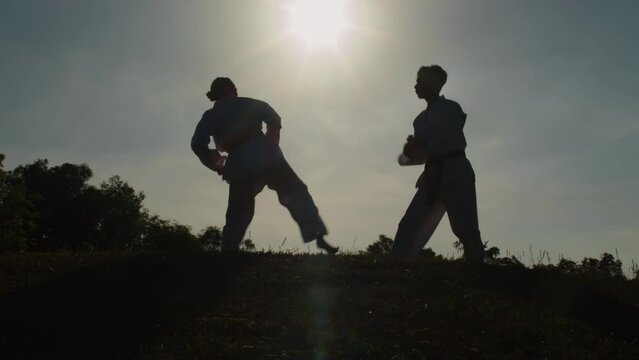 Long shot of male and female silhouettes of taekwondo practitioners training outdoors in evening