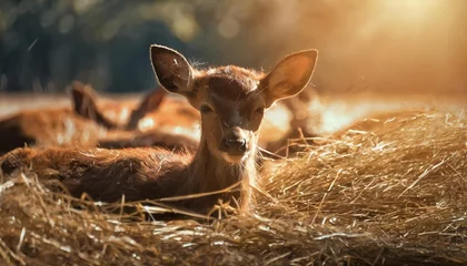 Plexiglas foto achterwand deer in the meadow a calf lying on the straw farm with the gentle rays of the sun streaming in © Makayla