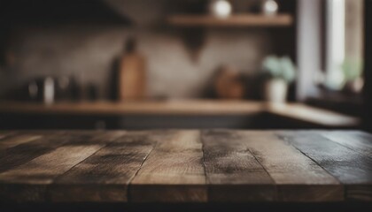 kitchen table background empty wooden desk or board with blur home kitchen room interior for...