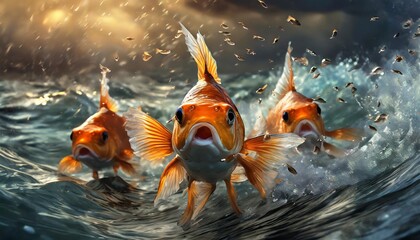 small brave goldfish with shark fin costume leading others through stormy seas leadership concept