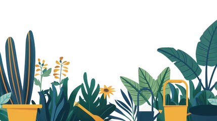 Gardening Supplies advertising banner with copyspace, Nature-focused illustration with yellow accents, ideal for garden workshop promos..