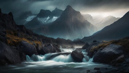 a view to mountains with flowing water in the foreground mysterious light and dark mood