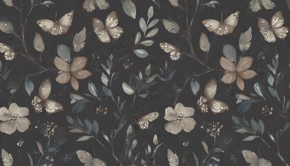 cute seamless pattern with flowers leaves butterflies branches and buds - obrazy, fototapety, plakaty