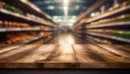empty wood table top on shelf in supermarket blurred background