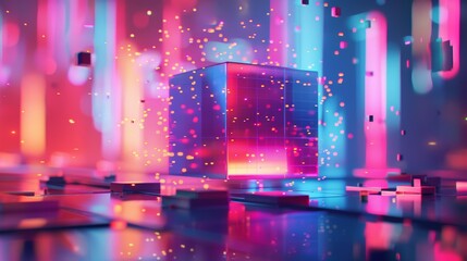 A cube is surrounded by colorful lights and glowing cubes, AI