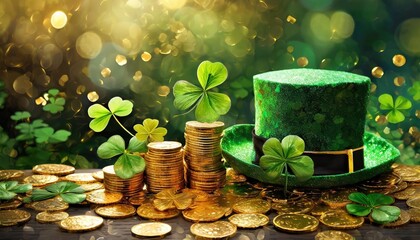 st patrick s day hat with clover leaves and gold coins lucky background illustration generative ai