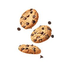 Fototapeta na wymiar Falling chocolate chip cookie in close up, Isolated on Transparent Background, PNG