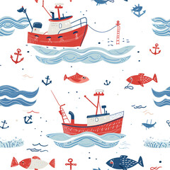 Cute Seamless Pattern with Fishing Boats and Anchors