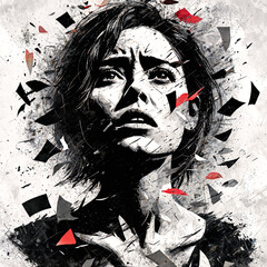A black and white illustration of a woman with a contemplative expression, surrounded by abstract shapes that resemble shards or pieces of glass.
