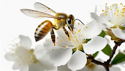 a flying honey bee flying to a white flower on a white or transparent background cutout macro side close up view macro high quality png image