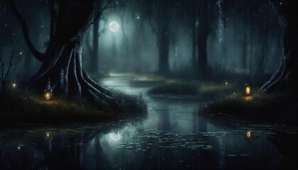 an illustration of a magical fantasy swamp at night generative ai