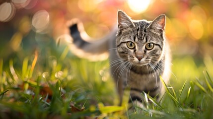 Obraz premium A cat walking through a field of grass with blurry background, AI