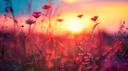 A field of flowers with the sun setting in the background, AI