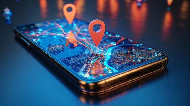 Cell phone with location icon, gps icon on mobile screen, blue background