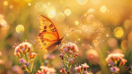 A butterfly on a flower in the sun with bubbles, AI