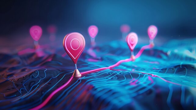 Vibrant digital map with glowing pink location pins on dark background, depicting modern GPS navigation technology in visually striking way