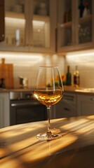 A glass of white wine on a kitchen counter bathed in warm sunlight