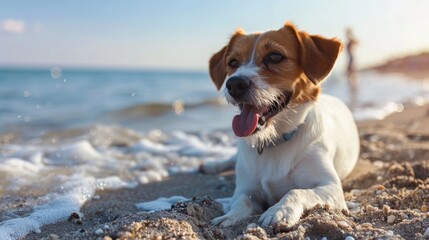 A dog laying on the beach with its tongue hanging out, AI