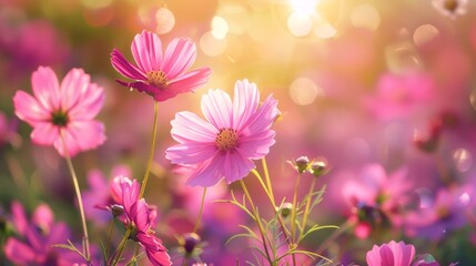 A close up of a field full of pink flowers with sunlight shining through, AI - Powered by Adobe
